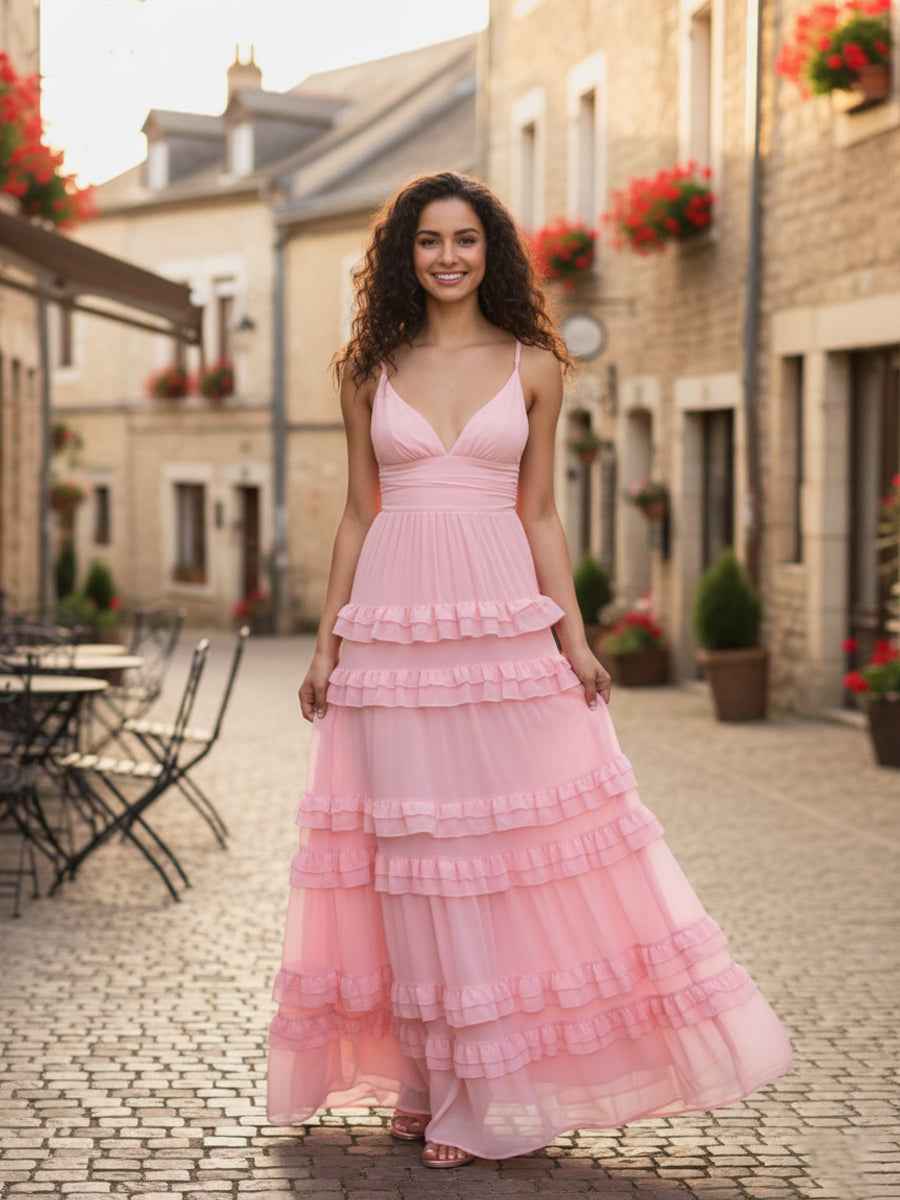 Pink Tiered Chiffon Bridesmaid Dress With V Neck And Ruffle