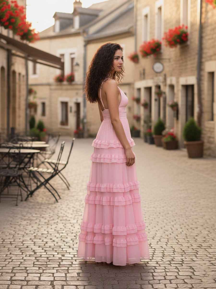 Pink Tiered Chiffon Bridesmaid Dress With V Neck And Ruffle