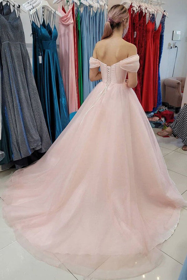 Tulle A-line Off Shoulder Long Prom Dresses, Evening Gown With Train