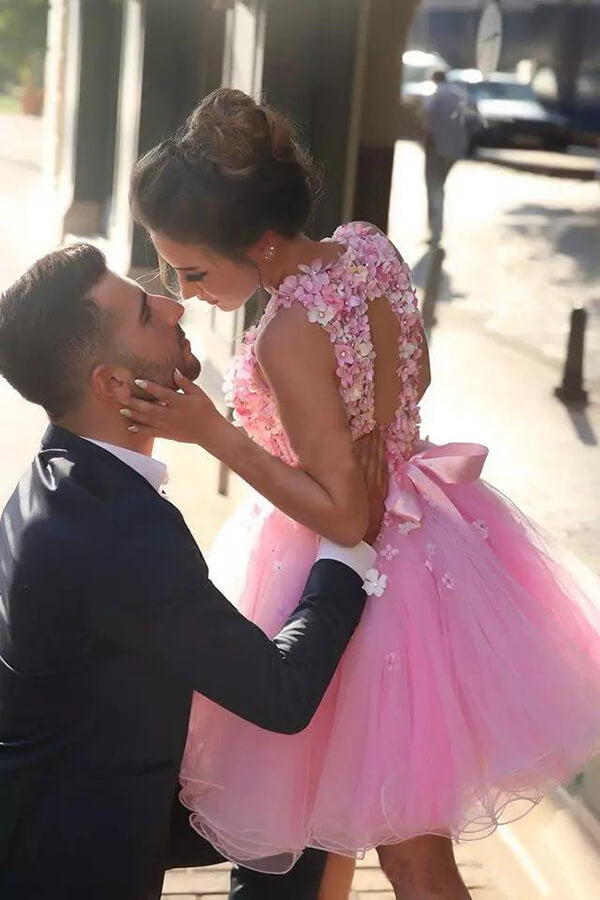 Pink Tulle Hand-Made Flowers Short Prom Dresses, Homecoming Dress