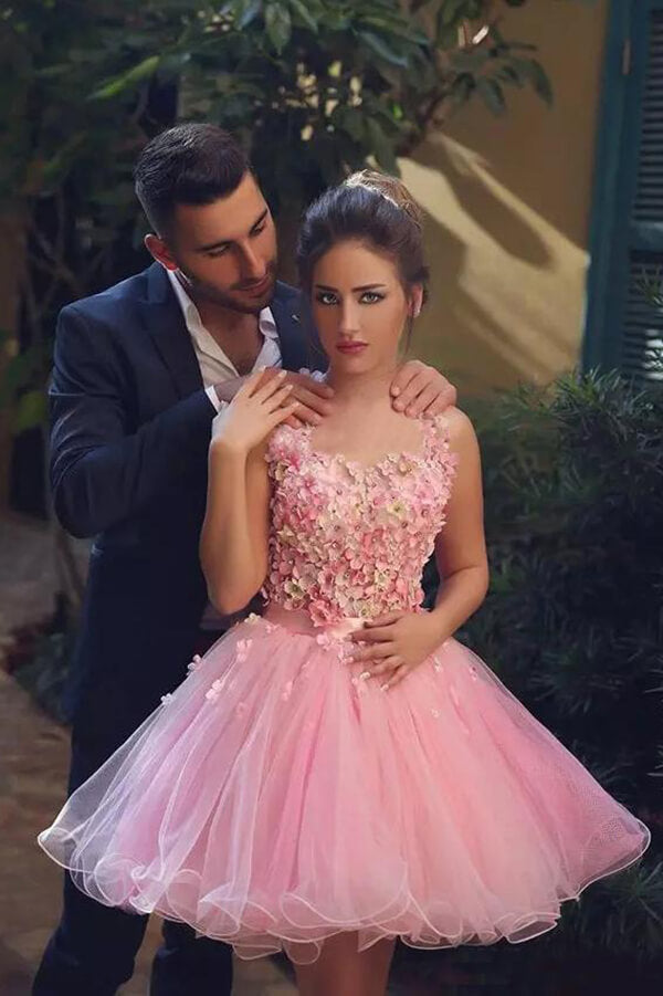 Vestidos de fiesta cortos de tul rosa con flores hechas a mano, vestido de regreso a casa