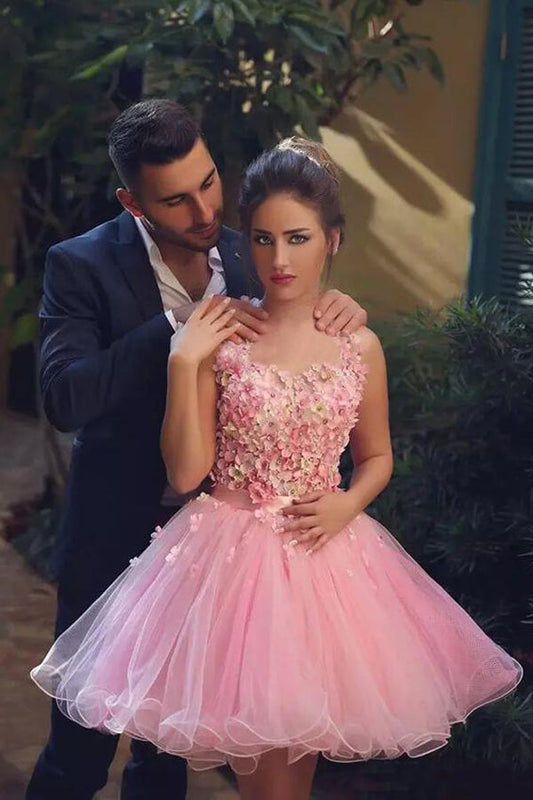 Vestidos de fiesta cortos de tul rosa con flores hechas a mano, vestido de regreso a casa
