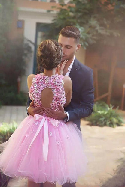 Vestidos de fiesta cortos de tul rosa con flores hechas a mano, vestido de regreso a casa