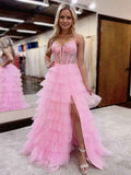 Pink Tulle Tiered Corset Prom Dress with Slit and Lace Beadwork