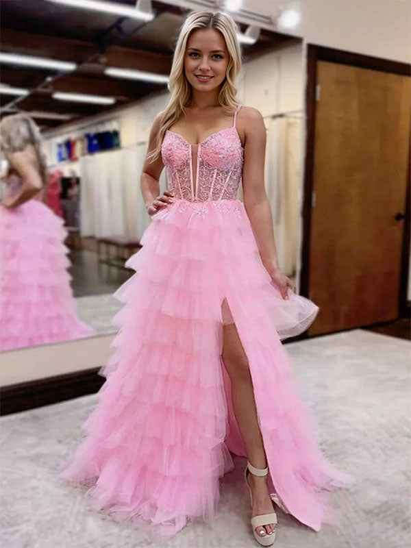 Pink Tulle Tiered Corset Prom Dress with Slit and Lace Beadwork