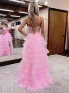 Pink Tulle Tiered Corset Prom Dress with Slit and Lace Beadwork
