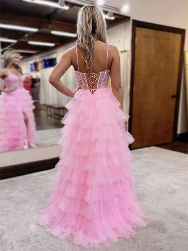 Pink Tulle Tiered Corset Prom Dress with Slit and Lace Beadwork