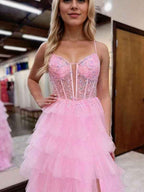 Pink Tulle Tiered Corset Prom Dress with Slit and Lace Beadwork
