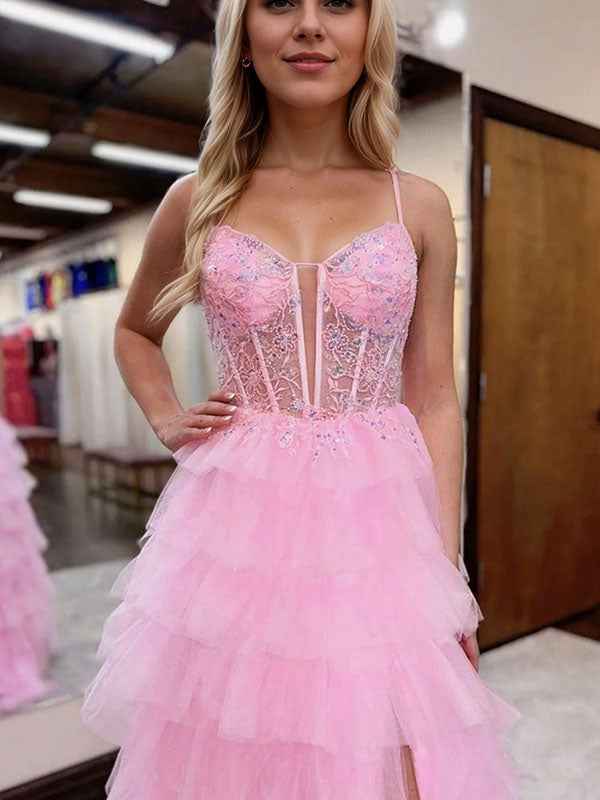 Pink Tulle Tiered Corset Prom Dress with Slit and Lace Beadwork