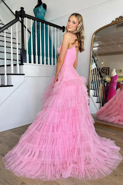 Vestido de fiesta largo con escote en V, cintura imperio, capas y volantes en color rosa