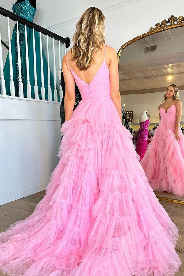 Vestido de fiesta largo con escote en V, cintura imperio, capas y volantes en color rosa