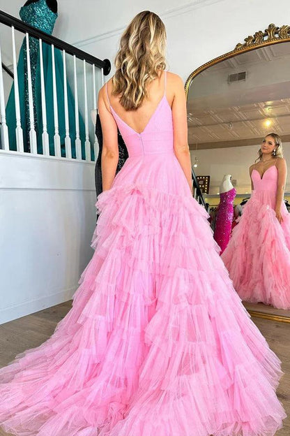 Vestido de fiesta largo con escote en V, cintura imperio, capas y volantes en color rosa
