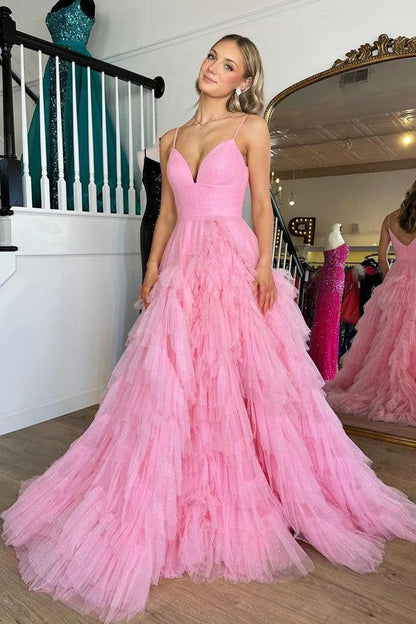 Vestido de fiesta largo con escote en V, cintura imperio, capas y volantes en color rosa