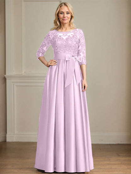 A-Linie, U-Ausschnitt, Illusion, bodenlanges Satin-Spitzenkleid für die Brautmutter mit Paillettenschleife 