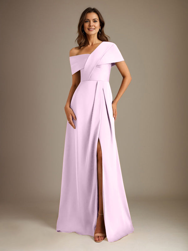 Robe de mère de la mariée en satin, longueur au sol, encolure asymétrique en ligne A avec plis