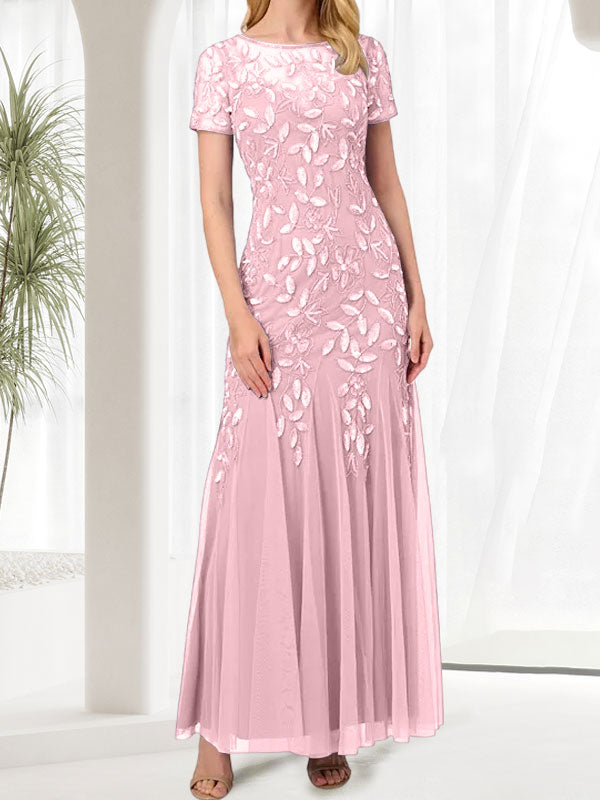 Blue Mermaid Round Neck Long Mother of the Bride Dress With Beadings