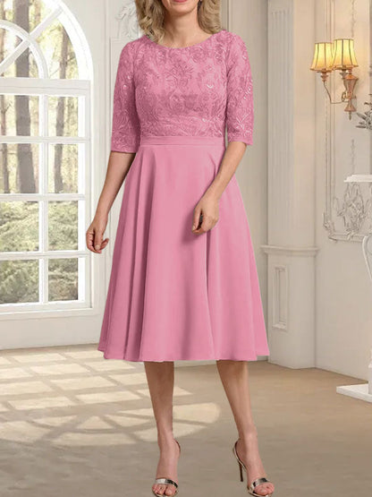 A-Linie U-Ausschnitt Knielang Chiffon Spitzenkleid für die Brautmutter