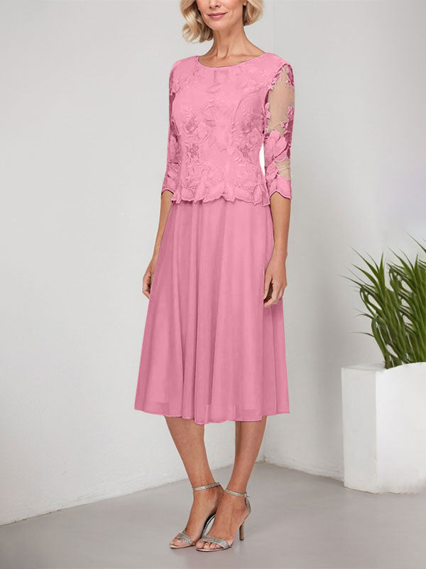 A-Linie U-Ausschnitt Wadenlang Spitzen Chiffon Mutter der Braut Kleid mit Stickerei 