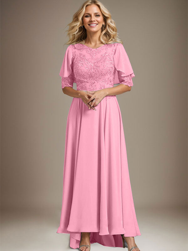 Robe de mère de la mariée en mousseline et dentelle asymétrique à encolure dégagée en ligne A avec perles