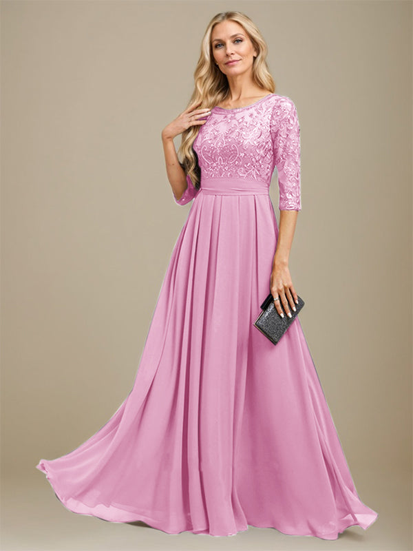 A-Linie U-Ausschnitt Bodenlang Spitzen-Chiffon-Kleid für die Brautmutter mit Paillettenapplikation 