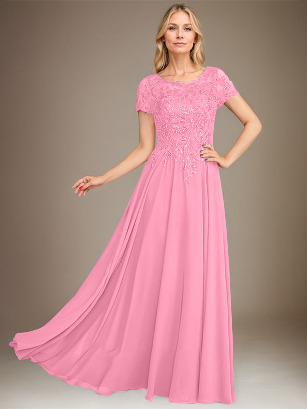 Robe de mère de la mariée en mousseline, longueur au sol, coupe en A, décolleté arrondi, ornée d'appliques et de paillettes