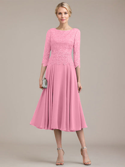 A-Linie U-Ausschnitt Wadenlang Chiffon-Kleid für die Brautmutter 