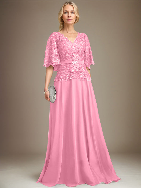 A-Linie V-Ausschnitt Bodenlang Chiffon Spitze Mutter der Braut Kleid Mit Kristall Brosche Strass 