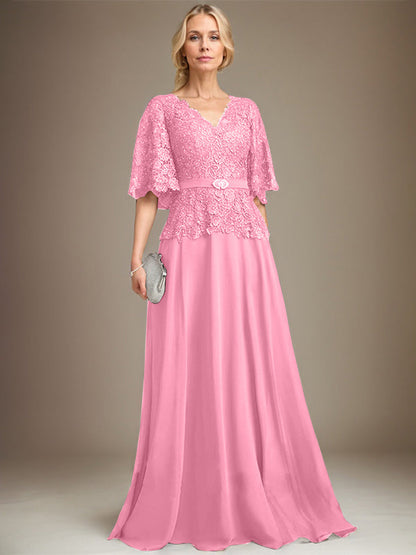 A-Linie V-Ausschnitt Bodenlang Chiffon Spitze Mutter der Braut Kleid Mit Kristall Brosche Strass 