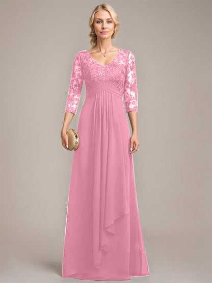 Vestido de madre de la novia de gasa con encaje, escote en V, largo hasta el suelo, con volantes en cascada y lentejuelas 