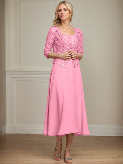 A-Linie Quadratisches Wadenlanges Chiffon-Spitzenkleid für die Brautmutter mit Pailletten und Perlen 