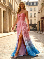 Pink Ombre Tiered Ruffle Cutout Bodice Prom Dress With Slit