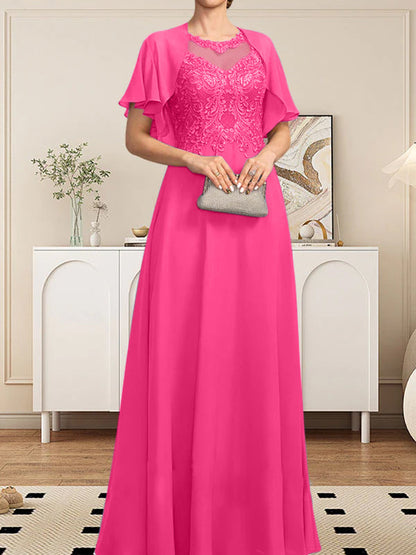A-Linie, U-Ausschnitt, Illusion, bodenlanges Spitzen-Chiffon-Kleid für die Brautmutter mit Pailletten