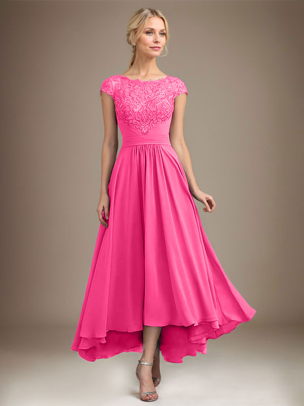 Robe de mère de la mariée en mousseline de soie à dentelle asymétrique illusion en décolleté arrondi et coupe en A avec plis