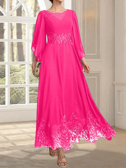 A-Linie, U-Ausschnitt, Illusion, knöchellang, Spitzen-Chiffon, Kleid für die Brautmutter mit Pailletten 