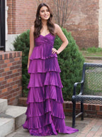 Purple Pleated Tiered Ruffle Prom Dress With Sweetheart Bodice