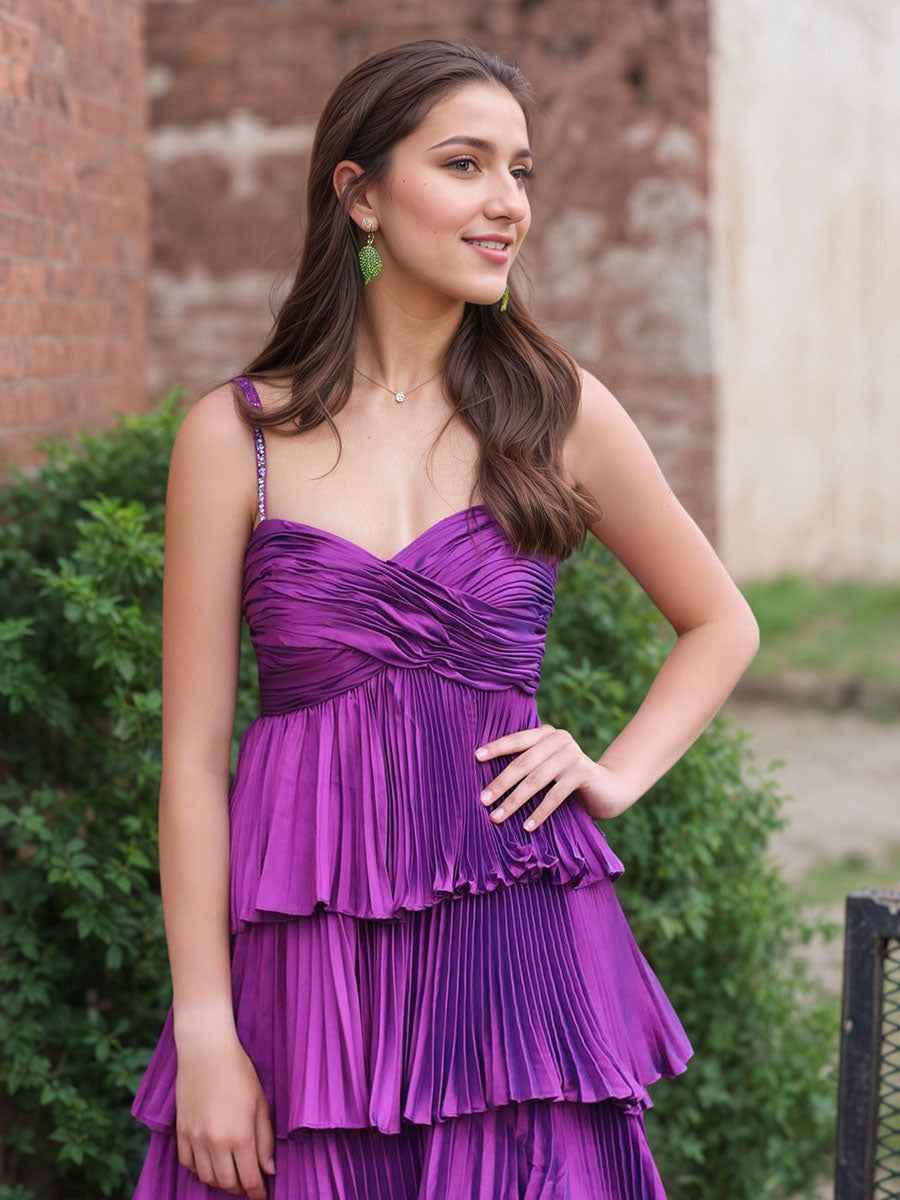 Purple Pleated Tiered Ruffle Prom Dress With Sweetheart Bodice