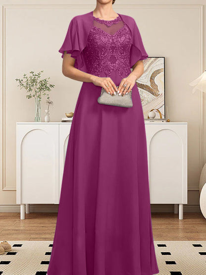A-Linie, U-Ausschnitt, Illusion, bodenlanges Spitzen-Chiffon-Kleid für die Brautmutter mit Pailletten
