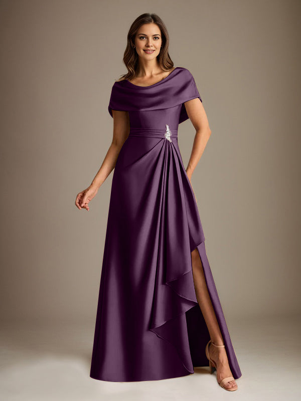 Robe de mère de la mariée en satin extensible, longueur au sol, coupe en A avec encolure dégagée et volants en cascade