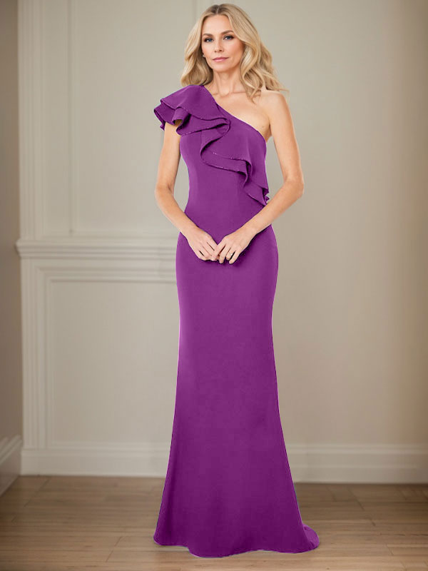 Robe de mère de la mariée en mousseline, longueur au sol, coupe en A, à une épaule avec volants