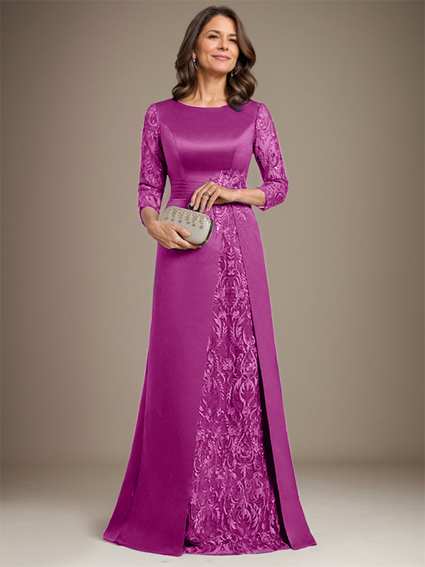 A-Line Scoop Floor-Length Lace Satin Mother Of the Bride Dress With Applique