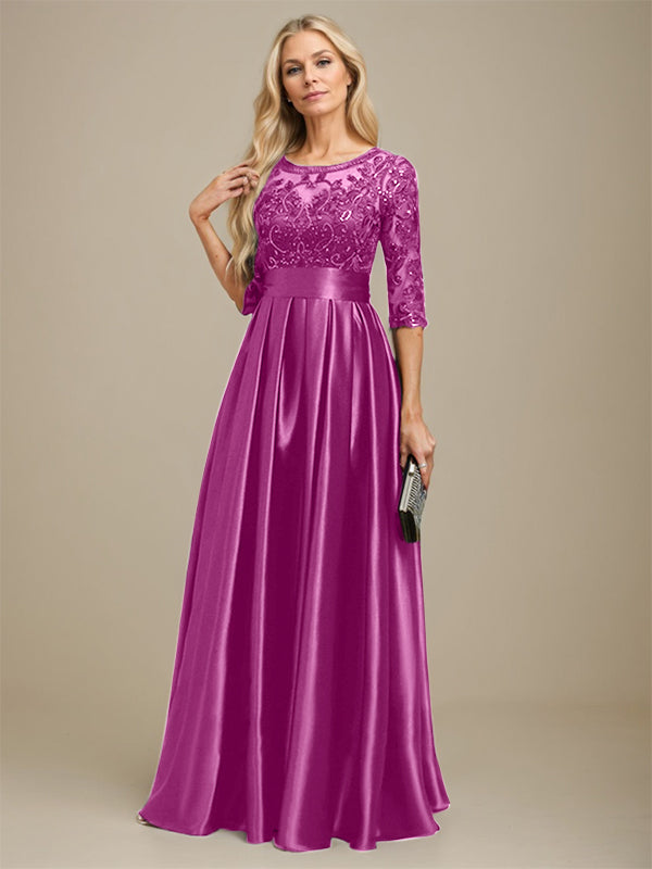 A-line Scoop Illusion Floor-Length Stretch Satin Lace Mother of the Bride Dress With Bow Sequins