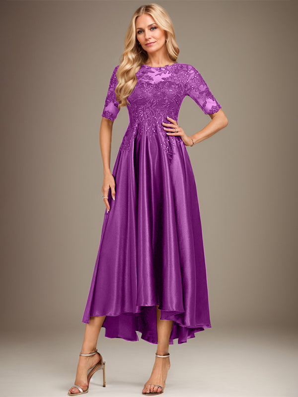 A-Linie, U-Ausschnitt, Illusion, asymmetrisch, Stretch-Satin, Spitze, Kleid für die Brautmutter mit Pailletten 