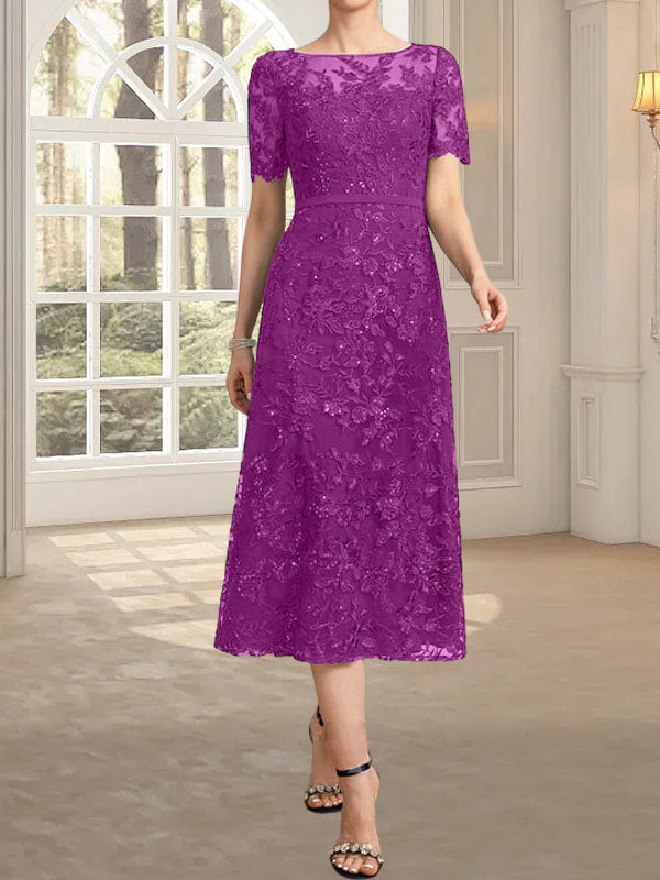A-Linie, U-Ausschnitt, Illusion, knielang, Spitze, Kleid für die Brautmutter mit Pailletten