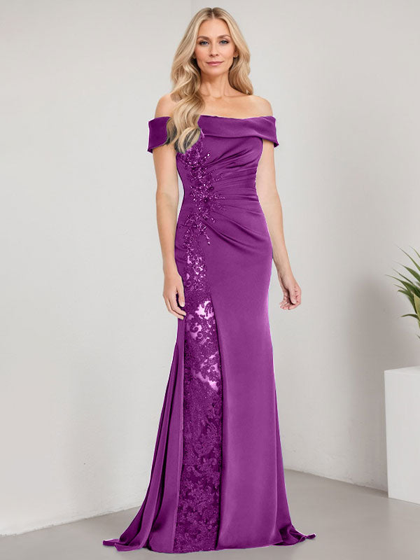 Robe de mère de la mariée longue jusqu'au sol, ligne A, épaules dénudées, appliques et perles, robe sirène avec fente haute