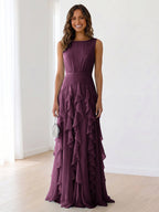 Sky Blue Tiered Chiffon Evening Maxi Dress With Ruched Bodice