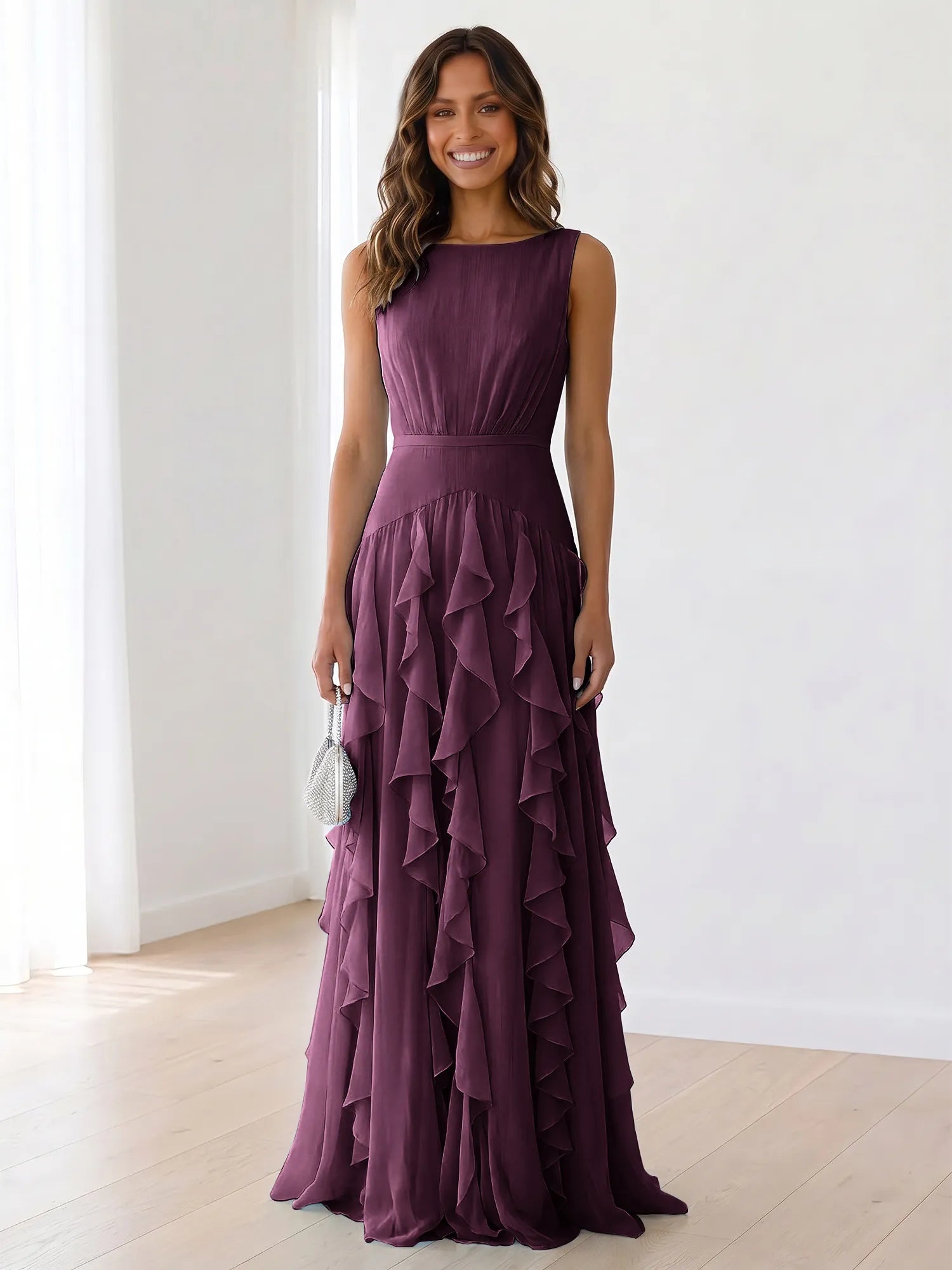 Sky Blue Tiered Chiffon Evening Maxi Dress With Ruched Bodice