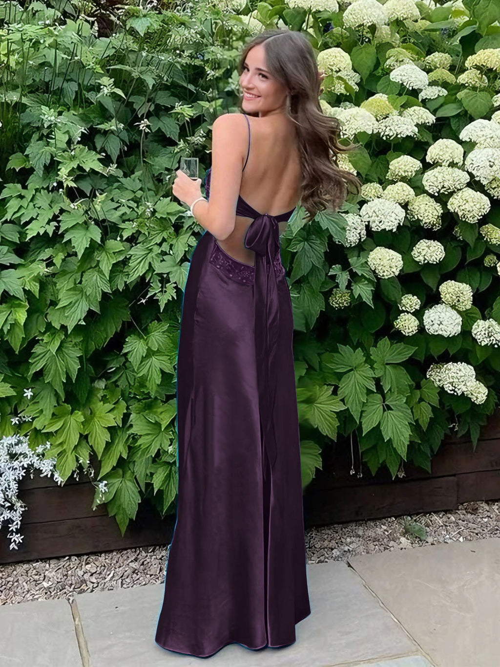 Blue A Line V Neck Beaded Back Tie Long Prom Dress