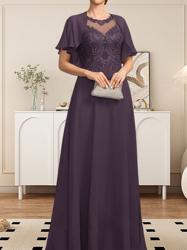 A-Linie, U-Ausschnitt, Illusion, bodenlanges Spitzen-Chiffon-Kleid für die Brautmutter mit Pailletten