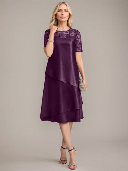 A-Linie, U-Ausschnitt, knielanges Kleid für die Brautmutter mit Applikationen und Pailletten 