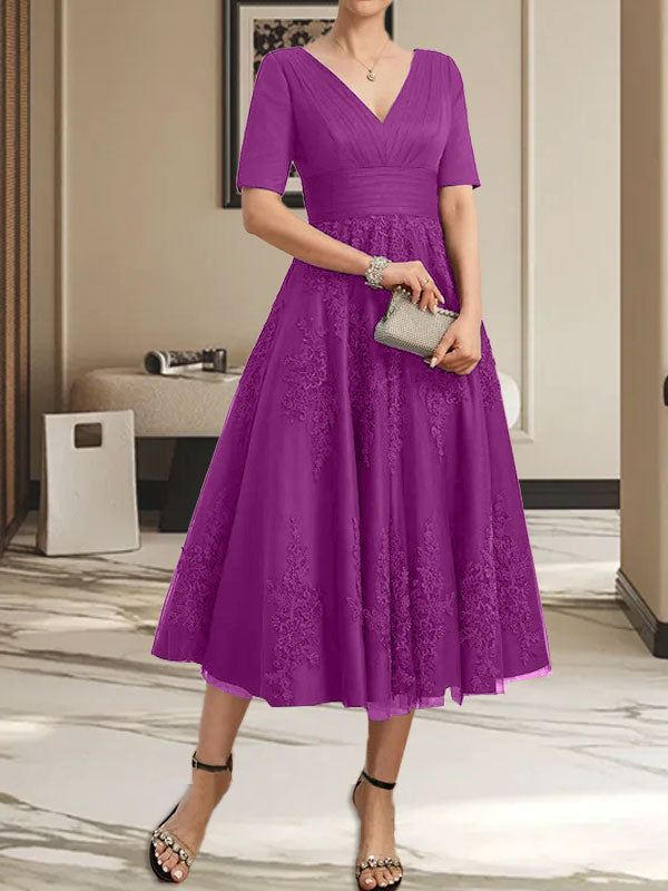 A-Linie V-Ausschnitt Wadenlanges Tüll-Spitzenkleid für die Brautmutter mit Plissee
